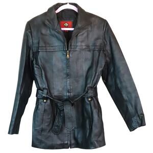 Vintage Marc Mattis Black leather Short Trench Coat Jacket Belted Womens Small